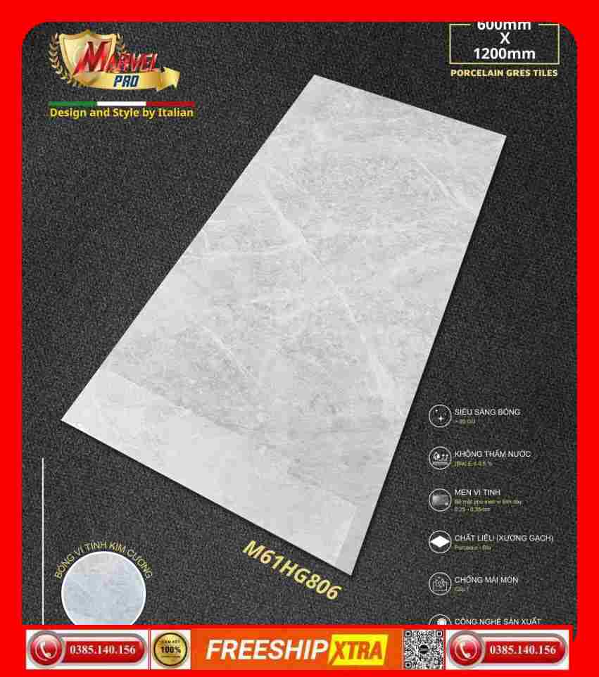 Gạch 60x120 Apodio M61HG806 bóng kính màu xám