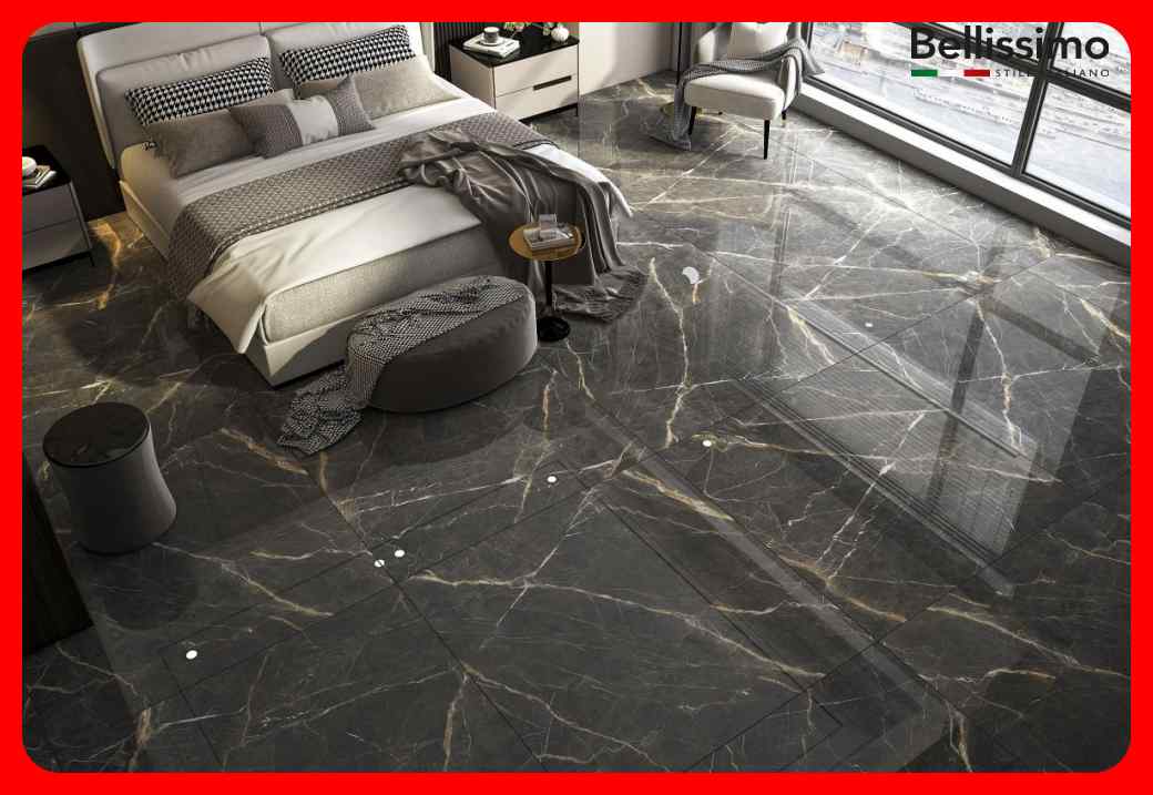 Gạch Italy 120x120 BELLISSIMO BL12006 đá marbal đen tia chớp xám - Ảnh 3